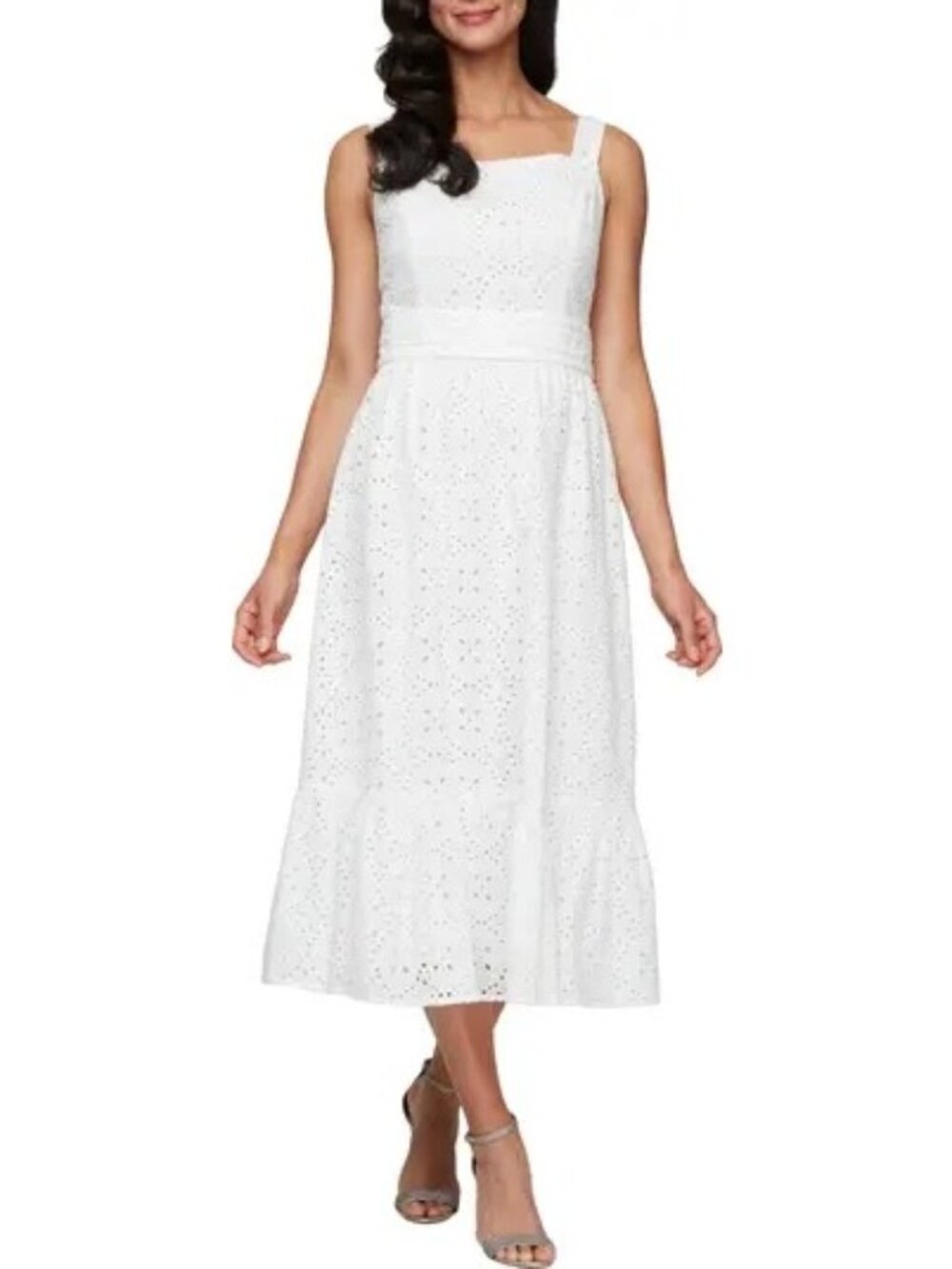 SLNY White Eyelet Midi Dress With Ruffle Hem Size 8 Sleeveless Cotton Blend New